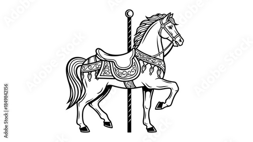 A detailed black and white illustration of a carousel horse with a saddle and bridle, standing on a pole.