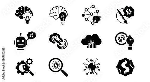Collection of black glyph icons representing innovation and modern technologies