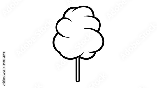Simple black and white outline drawing of a fluffy cotton candy on a stick, a sweet treat often found at carnivals.