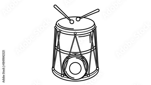 A line art drawing of a traditional drum with two drumsticks resting on its top.
