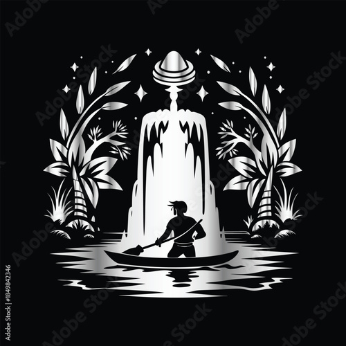 Adventure kayaking logo design.Vector illustration on black background.
Adventure kayaking logo design.kayak on the lake, mountains silhouette in the circle, vector illustration
