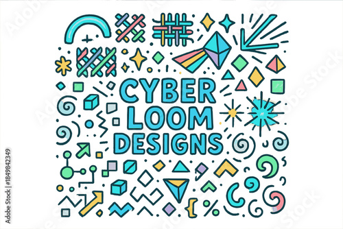 Cyber Loom Artistry. Cyber loom designs. Hand-drawn doodle illustration of Cyber loom designs. Woven patterns,