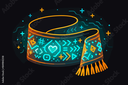 Cybernetic Belt Ornament. Glowing belt ornament. A traditional belt sparkles with cyber symbols woven into its
