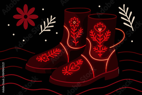 Luminous Folk Boots. Digital folk boots. The boots showcase luminous stitched motifs, neon lines wrapping