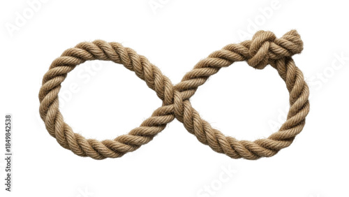 Close-up of a rope tied into an infinity symbol, isolated on white background.