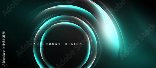 Abstract neon circles radiate from center. Dark background enhances glowing teal, white layers. Text reads background design.