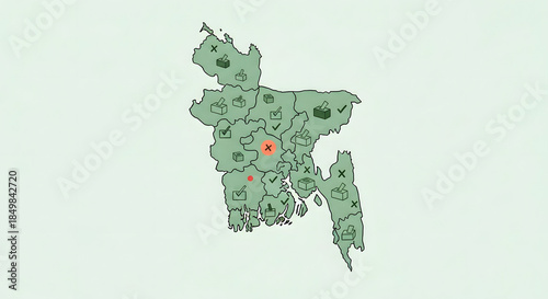 Map of Bangladesh depicting election results with checked and crossed ballot boxes and city markers