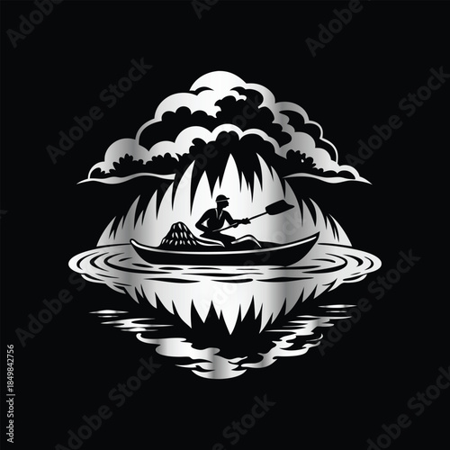 Adventure kayaking logo design.Vector illustration on black background.
Adventure kayaking logo design.kayak on the lake, mountains silhouette in the circle, vector illustration
