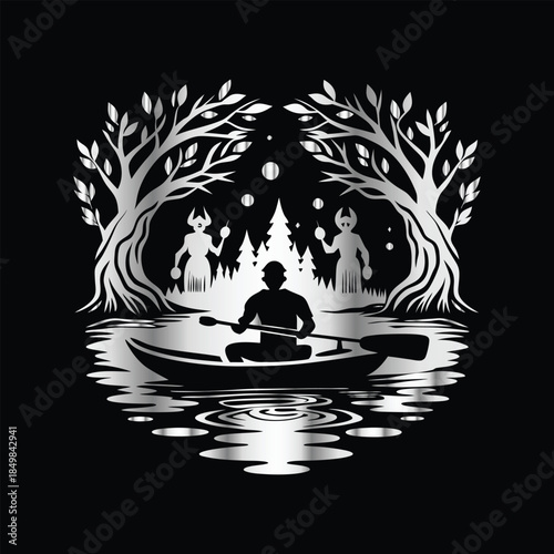 Adventure kayaking logo design.Vector illustration on black background.
Adventure kayaking logo design.kayak on the lake, mountains silhouette in the circle, vector illustration
