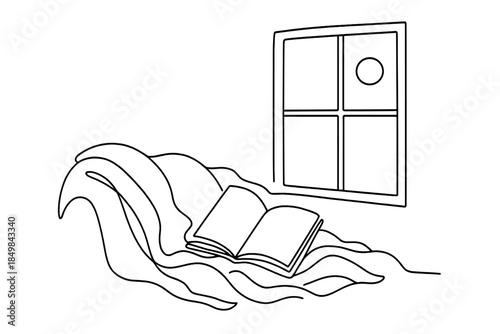 Cozy Reading Nook. "Cozy reading nook on a sunlit winter morning". Minimalistic one-line drawing [of an open