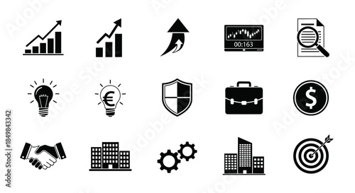 Collection of black and white vector icons representing business success and growth concepts