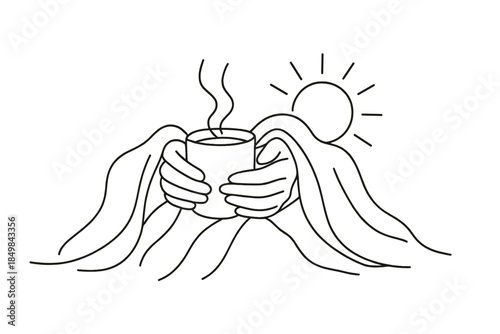 Cozy Morning Tea. "Winter morning tea in soft blankets". Minimalistic one-line drawing [of a steaming cup held