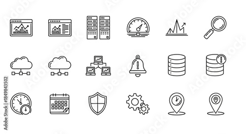 Collection of line art icons for web development networking and data management solutions