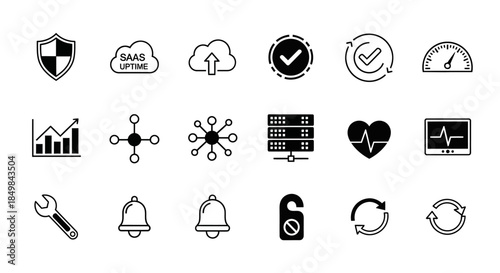Collection of Essential IT and Business Process Icons on White Background for Modern Design