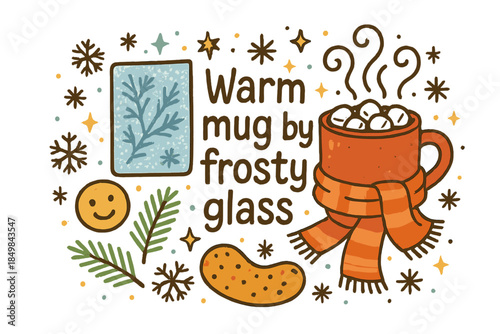 Winter Warmth Doodle. Warm mug by frosty glass. Hand-drawn doodle illustration of Warm mug by frosty glass.