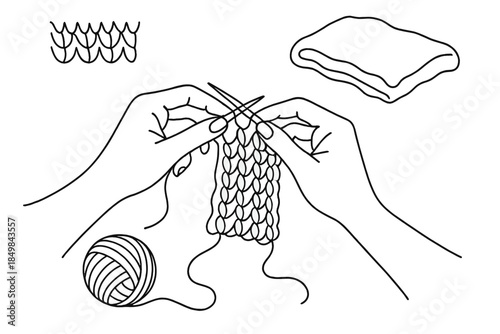 Minimalist Knitting Design. Winter knitting session with wool yarn and soft textures. Minimalistic one-line
