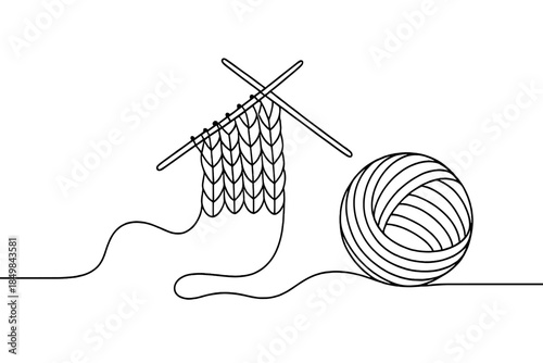 Minimalist Knitting Art. Winter knitting relaxation with wool yarn and soft textures. Minimalistic one-line