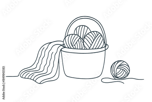 Minimalist Knitting Scene. Winter knitting corner with wool yarn and soft textures. Minimalistic one-line
