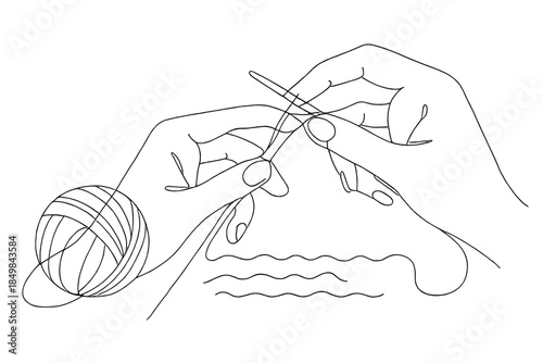 Minimalist Winter Knitting. Peaceful winter knitting with wool yarn and soft textures. Minimalistic one-line