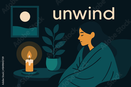 Candlelit Cozy Corner. Evening unwind nook. Thick blanket over shoulders, candlelight reflecting softly off