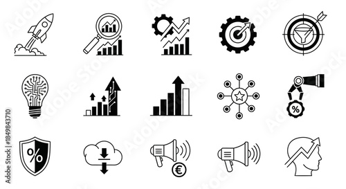 Collection of business and technology icons representing growth and innovation strategy and