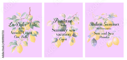 Italian lemon branch with Mediterranean citrus fruits on pink retro poster. Summer design in Amalfi coast style with shabby old texture and vintage lettering.