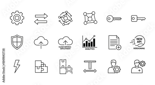 Collection of Line Icons Representing Technology, Data, and Business Concepts Minimalist Design