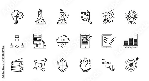 Modern line icons set representing business technology and science concepts and themes