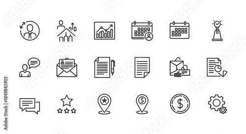 Line art icon set depicting business administration concepts and organizational tools for management