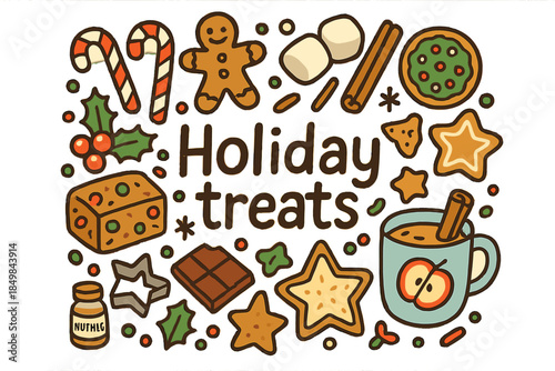 Festive Holiday Treats. Holiday treats. Hand-drawn doodle illustration of Holiday treats. Candy canes,
