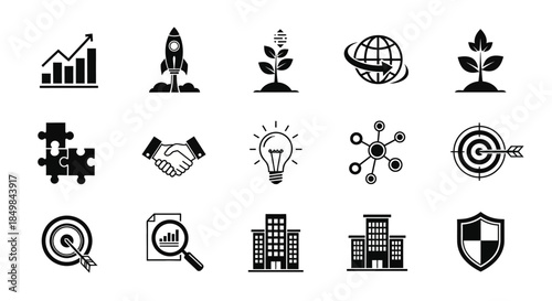 Set of business strategy vector icons illustrating growth and development concepts