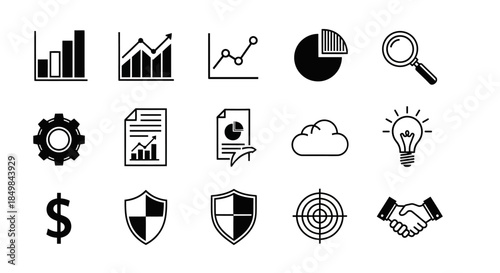 Collection of business and data analytics icons representing success and strategy