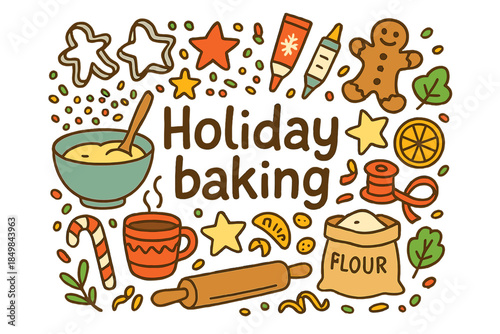 Festive Baking Doodles. Holiday baking. Hand-drawn doodle illustration of Holiday baking. Cookie cutters,