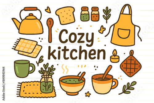 Cozy Kitchen Doodles. Cozy kitchen. Hand-drawn doodle illustration of Cozy kitchen. Tea kettle, warm bread