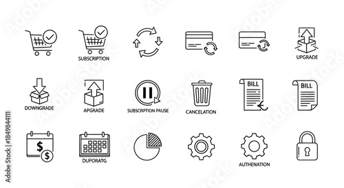 Collection of subscription management icon set featuring online payment options and upgrade choices