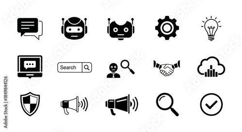 Collection of Black and White Business, Technology and Communication Icons Set on White Background