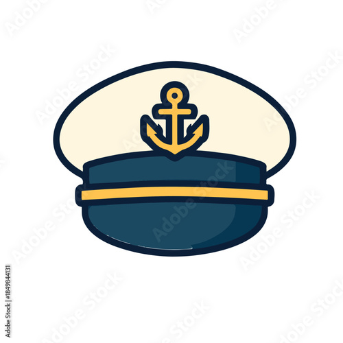 Stylized illustration of a maritime captain’s hat with a white top, dark blue band, and gold stripe. A central gold anchor emblem signifies naval authority and leadership, evoking nautical tradition.