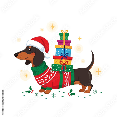 Festive Dachshund Wearing Christmas Sweater and Santa Hat Posing with Colorful Gift Stack