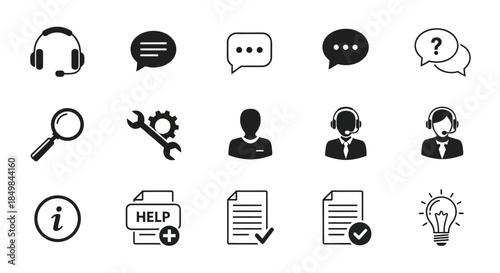 Essential customer service and technical support icon set for assistance and information resources