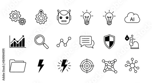 Collection of vector icons representing technology, science, and innovation solutions