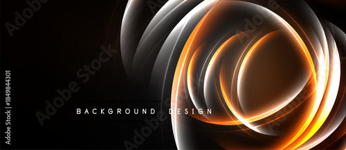 Abstract design features swirling orange light, gray shapes. Dark background creates dramatic visual impact. Modern aesthetic.