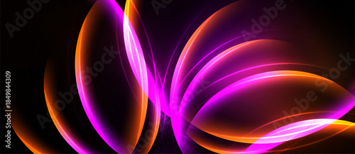 Abstract light shapes, vibrant colors, dynamic curves. Orange, pink, purple hues blend seamlessly against black background. Modern design.