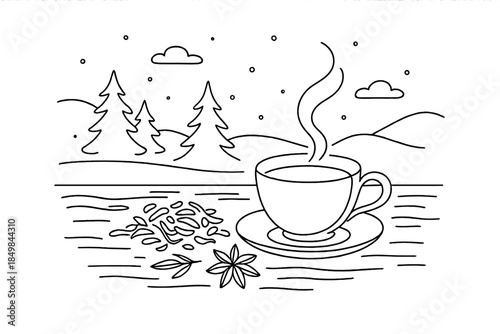 Minimalist Winter Tea Ceremony. Winter tea ceremony on a wooden table with winter spices. Minimalistic