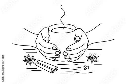 Minimalist Tea Sketch. Serene tea moment on a wooden table with winter spices. Minimalistic one-line drawing