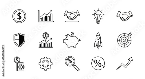 Outline style icon set for business finance and startup illustration displaying market growth and