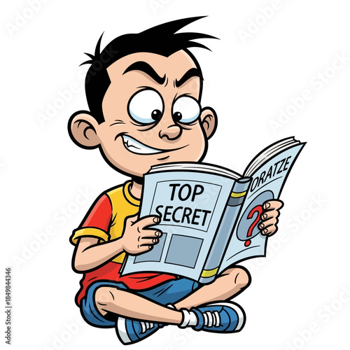 Cartoon Boy Reading a Top Secret Document with a Curious Expression