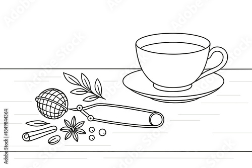 Minimalist Tea Ritual. Winter spice tea ritual on a wooden table. Minimalistic one-line drawing tea infuser