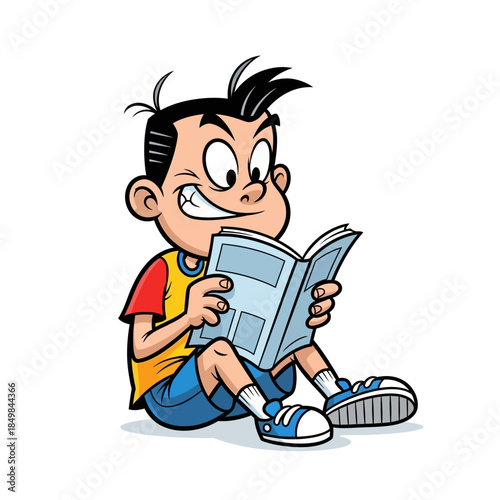 Cute cartoon boy reading a book with cheerful expression and lively pose