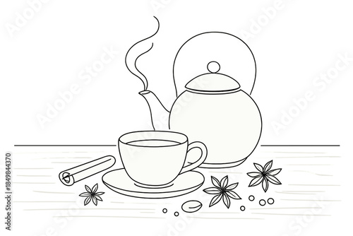 Minimalist Winter Tea Scene. Soft winter tea moment on a wooden table with winter spices. Minimalistic
