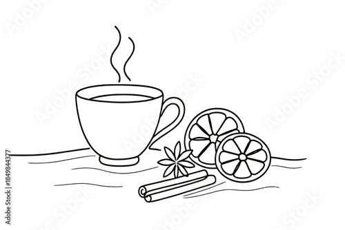 Minimalist Tea Ceremony. Comforting tea ceremony on a wooden table with winter spices. Minimalistic one-line